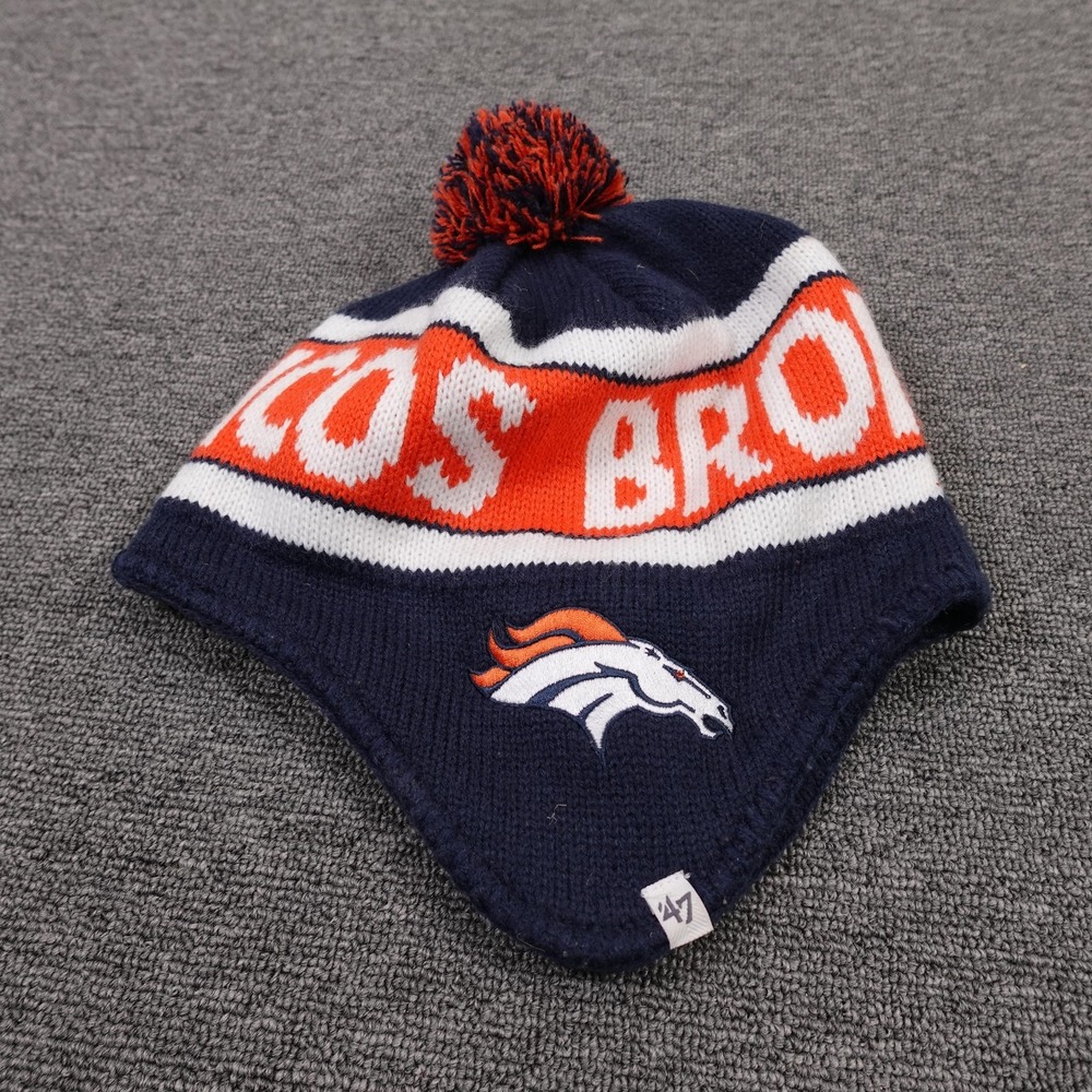 Denver Broncos Hat Beanie Mens One Size Blue NFL Football Earflap Pom Knit '47